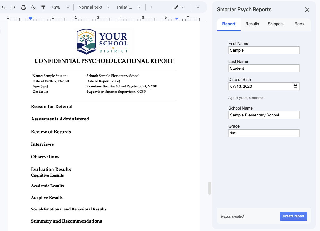 Smarter Reports sidebar in Google Docs beside a confidential evaluation report